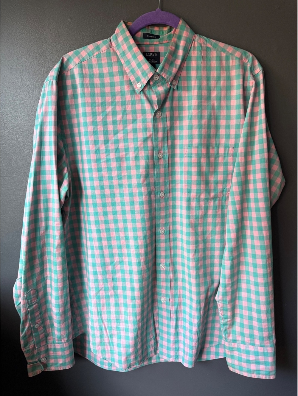 J.Crew Classic Flex Washed Button-Down Shirt in Pink and Green Check, Size L